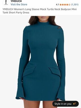 Peacock Blue Long-Sleeve Mock Neck Bodycon Mini Dress